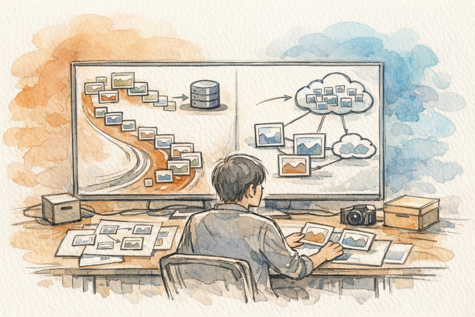 WP 画像の自動リサイズ 停止を検討し手動管理との分岐を見つめる人物イラスト