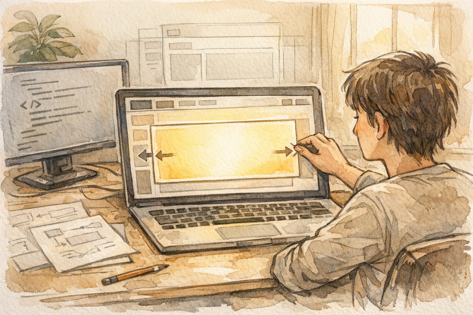 WordPress 投稿画面の幅 広げる作業を静かなデスクで慎重に調整するイラスト