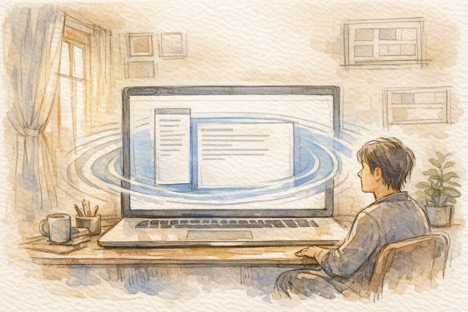 WordPress 投稿画面の幅 広げることで執筆スタイルや思考の広がりを見つめ直すデスク周りイラスト