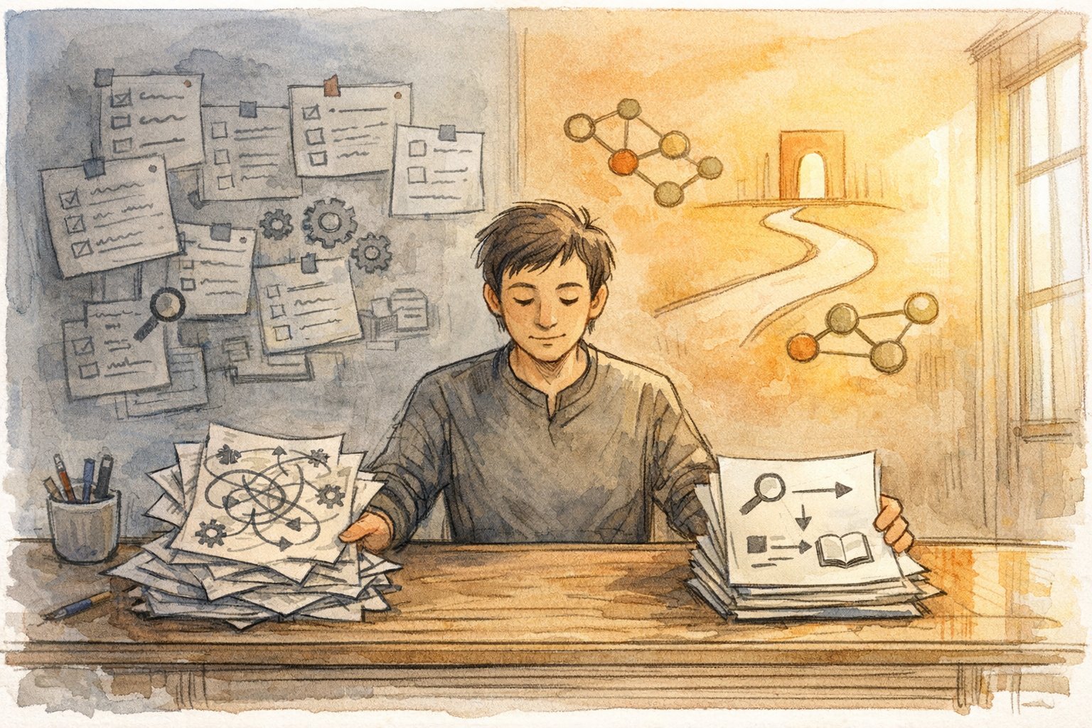 古いSEO 知識 古い情報を仕分け、原則となる本質だけを残して見直す様子