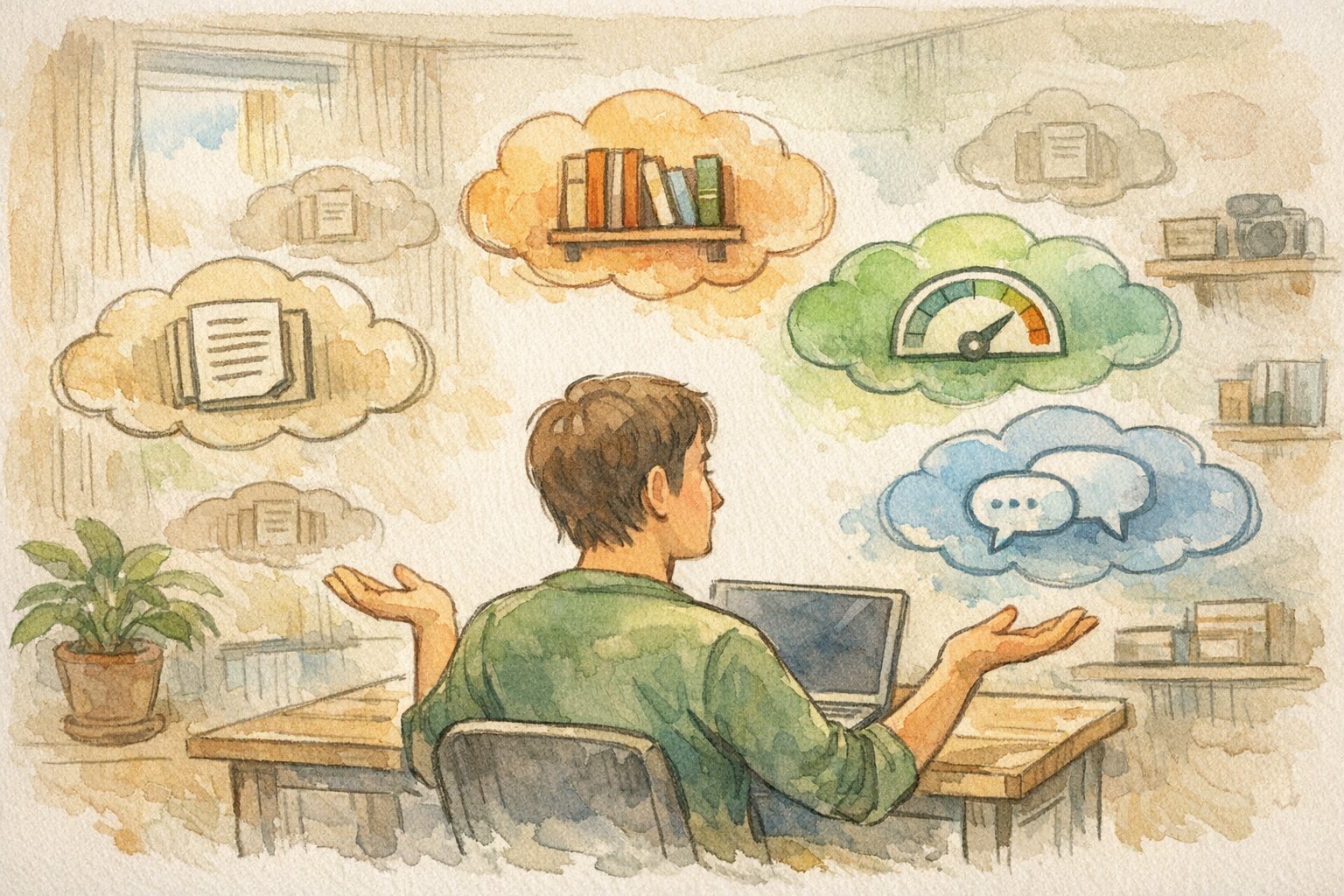 多様な情報源を前に、SEO 知識 古いとの距離感と信頼バランスを考える人物