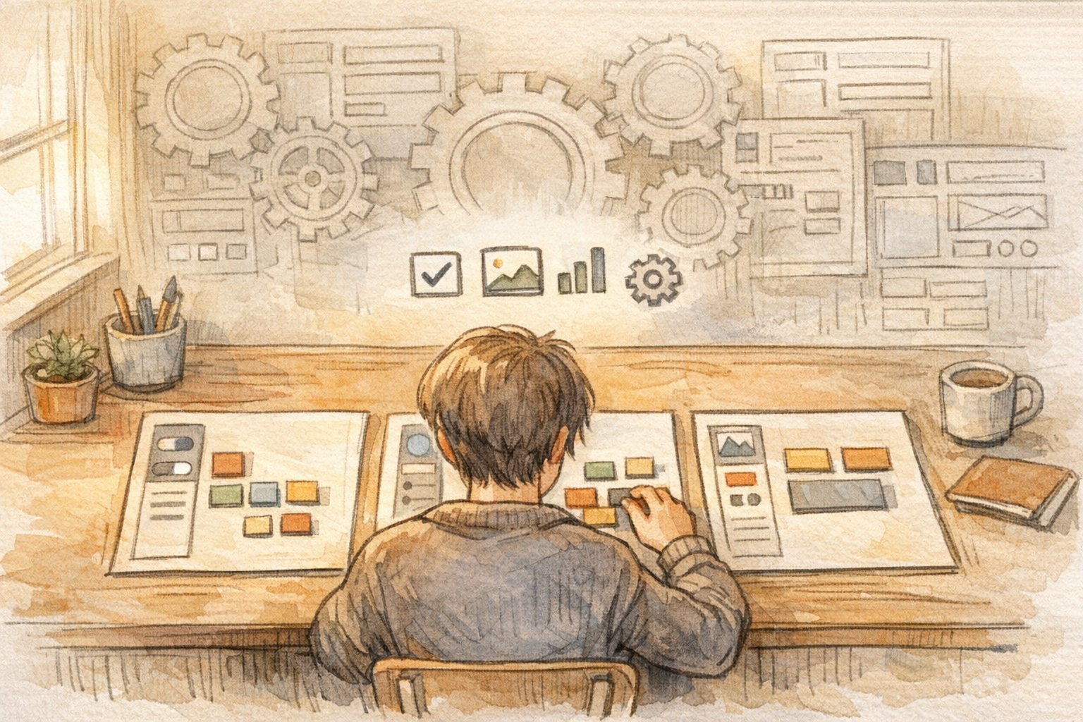 WP ウィジェット ページごとに切り替えを検討し、必要な機能だけ慎重に選ぶ作業机の様子