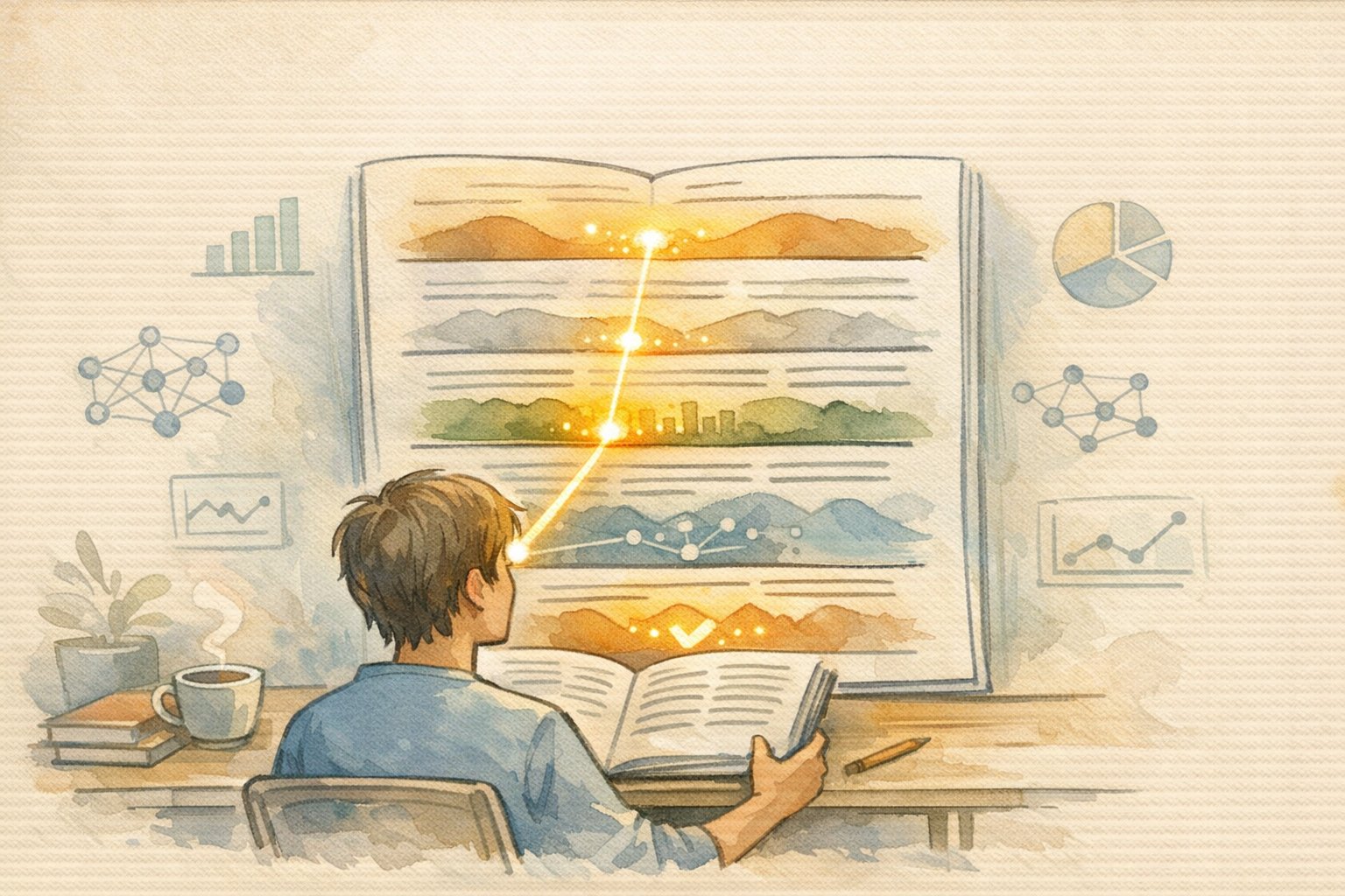 AI 論文 読み方 コツを示す図解的イラスト、重要セクションを選んで効率的に読む様子