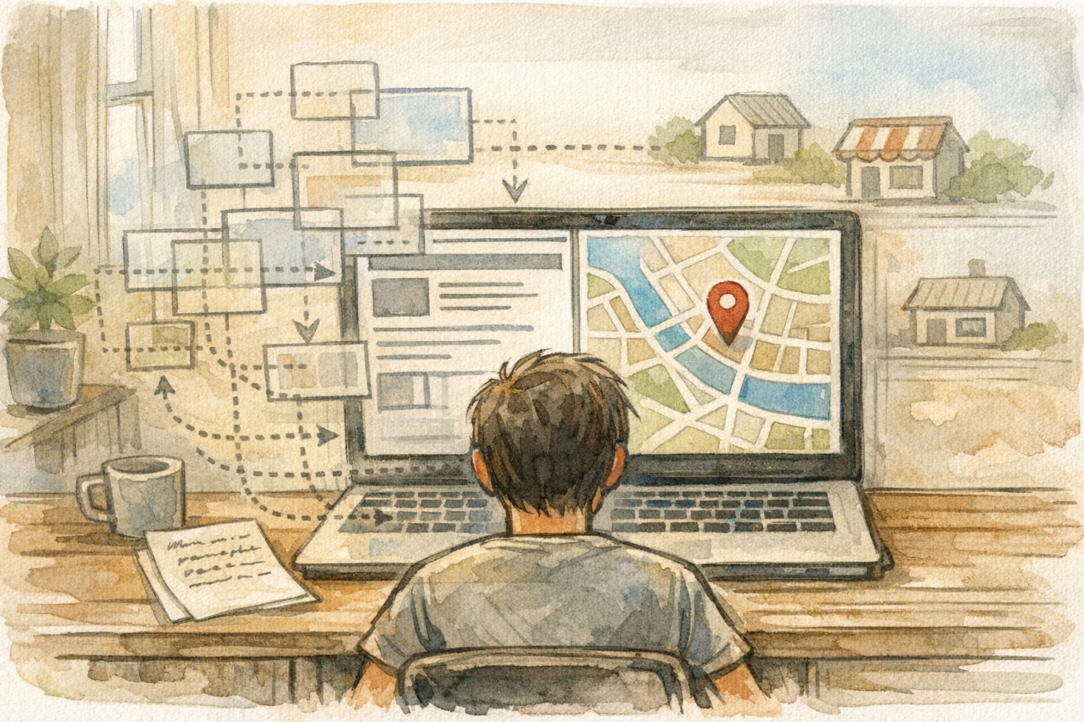 WP 記事内の住所から地図表示までの流れを示す構造化データと作業風景