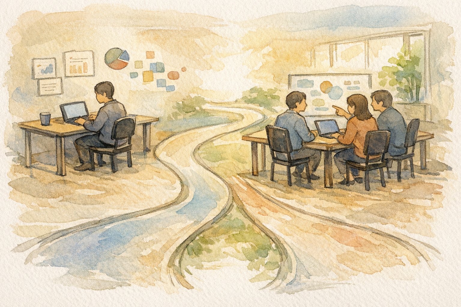 Kaggle AI コンペ 参加方法におけるソロ参加とチーム参加の学び方の違いを示すイラスト