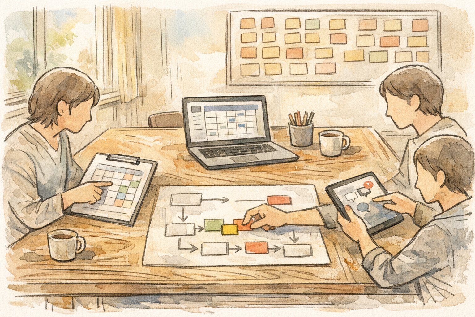 WordPress 予約システム 導入後の運用フローをチームで見直す様子のイラスト