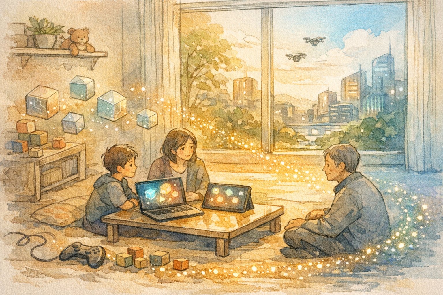 家庭のリビングで親子がAIツールに触れる様子, 子供向け AI 教育 必要性を示す情景
