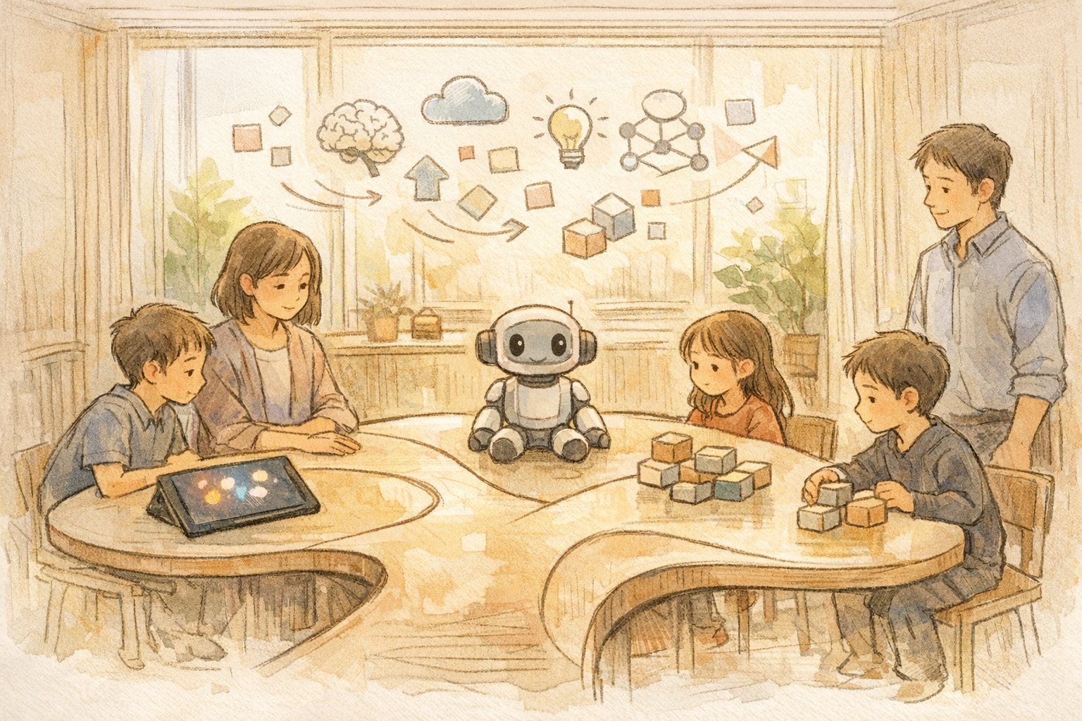 穏やかな教室で子供と大人がAIツールを囲む様子, 子供向け AI 教育 必要性を象徴