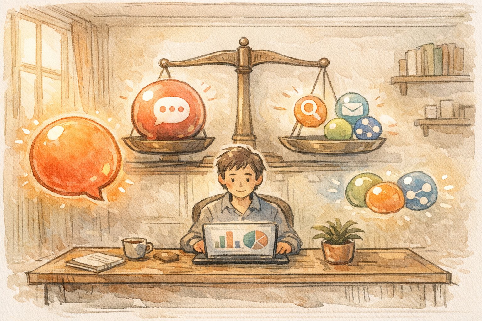 SNS流入 依存 リスクを象徴的に比較し、多様な集客源による安定性を示すイラスト