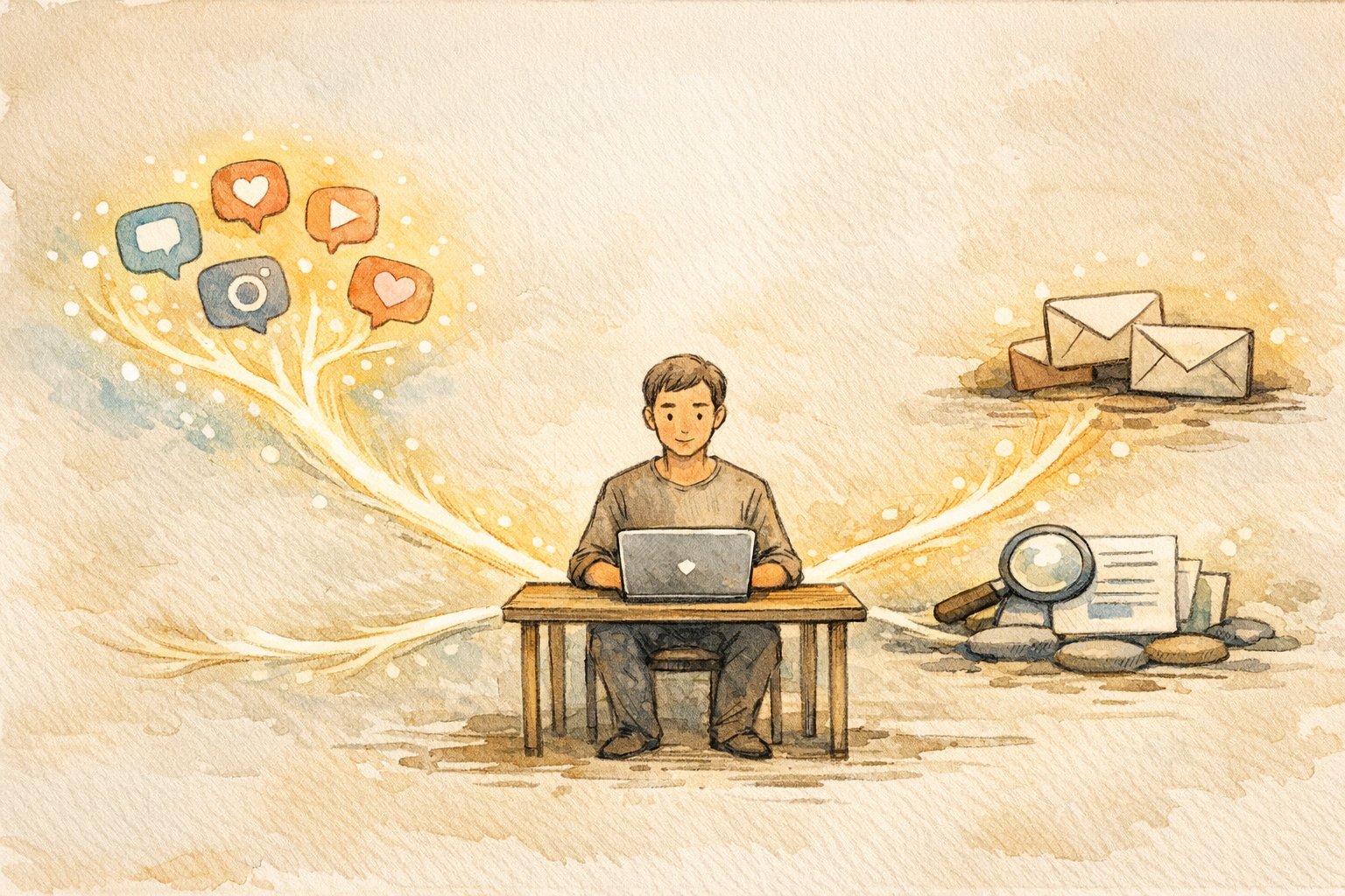SNS流入 依存 リスクを抑え、検索とメールを組み合わせた集客バランスを示すイラスト