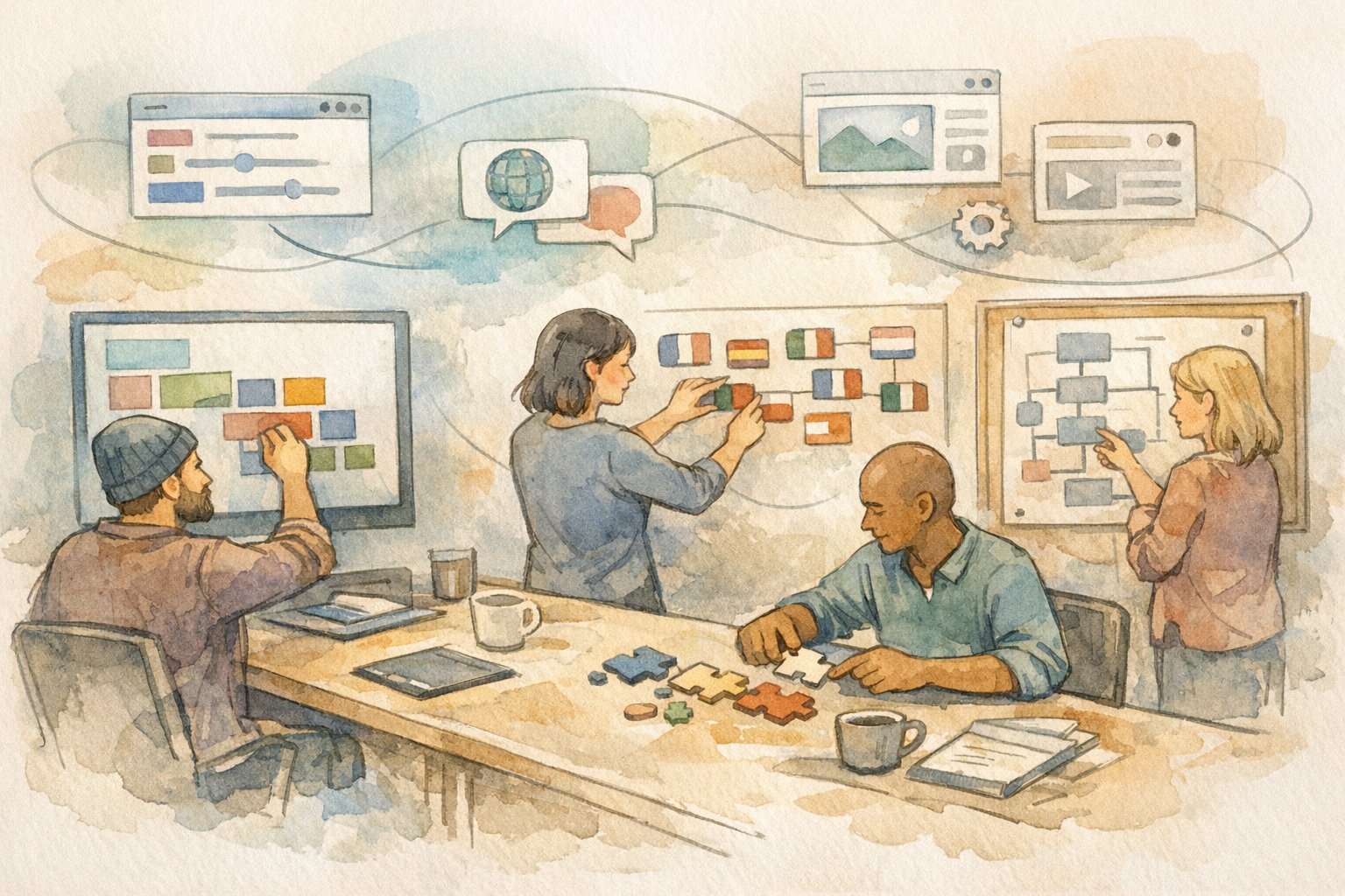 チームでWordPress 多言語化 プラグイン運用を設計する様子とワークフローの協働作業
