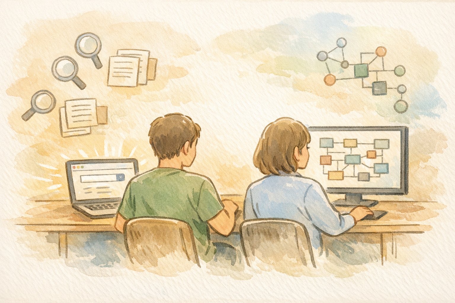 情報収集と下調べにPerplexity Pages 使い方を活用する、検索と要約を分担する2人のイラスト