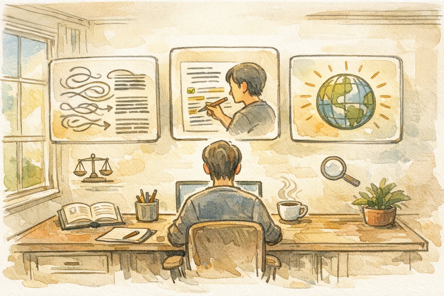 Perplexity Pages 使い方によるSEO公開運用の流れを示す生成・編集・共有のイラスト