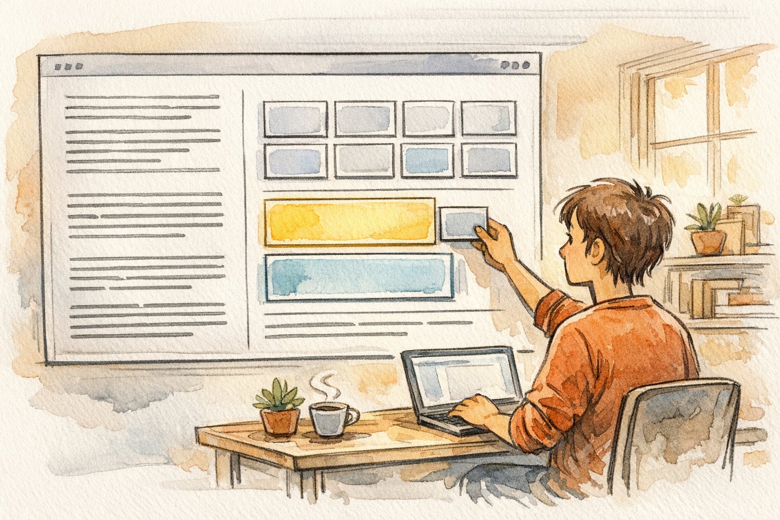 WP 広告 記事の途中に自動挿入を検討する作業机と画面構成イメージ