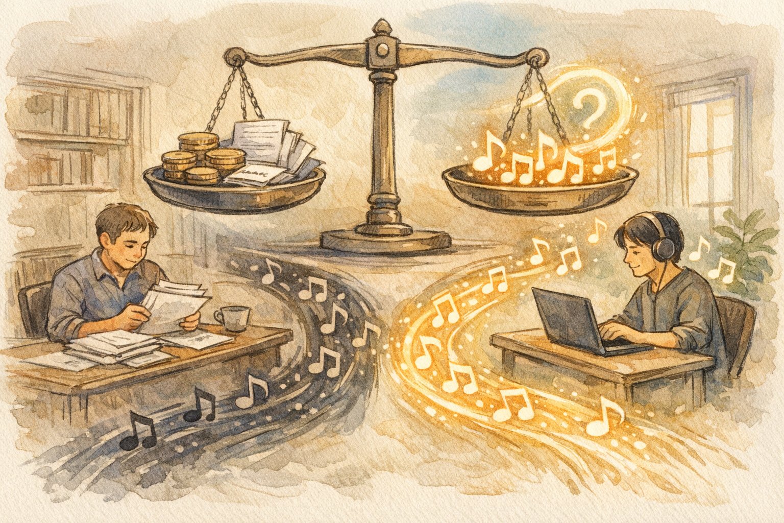 利用規約とビジネス利用のグレーゾーンを象徴的に描いたSuno AI 音楽生成 著作権のイラスト