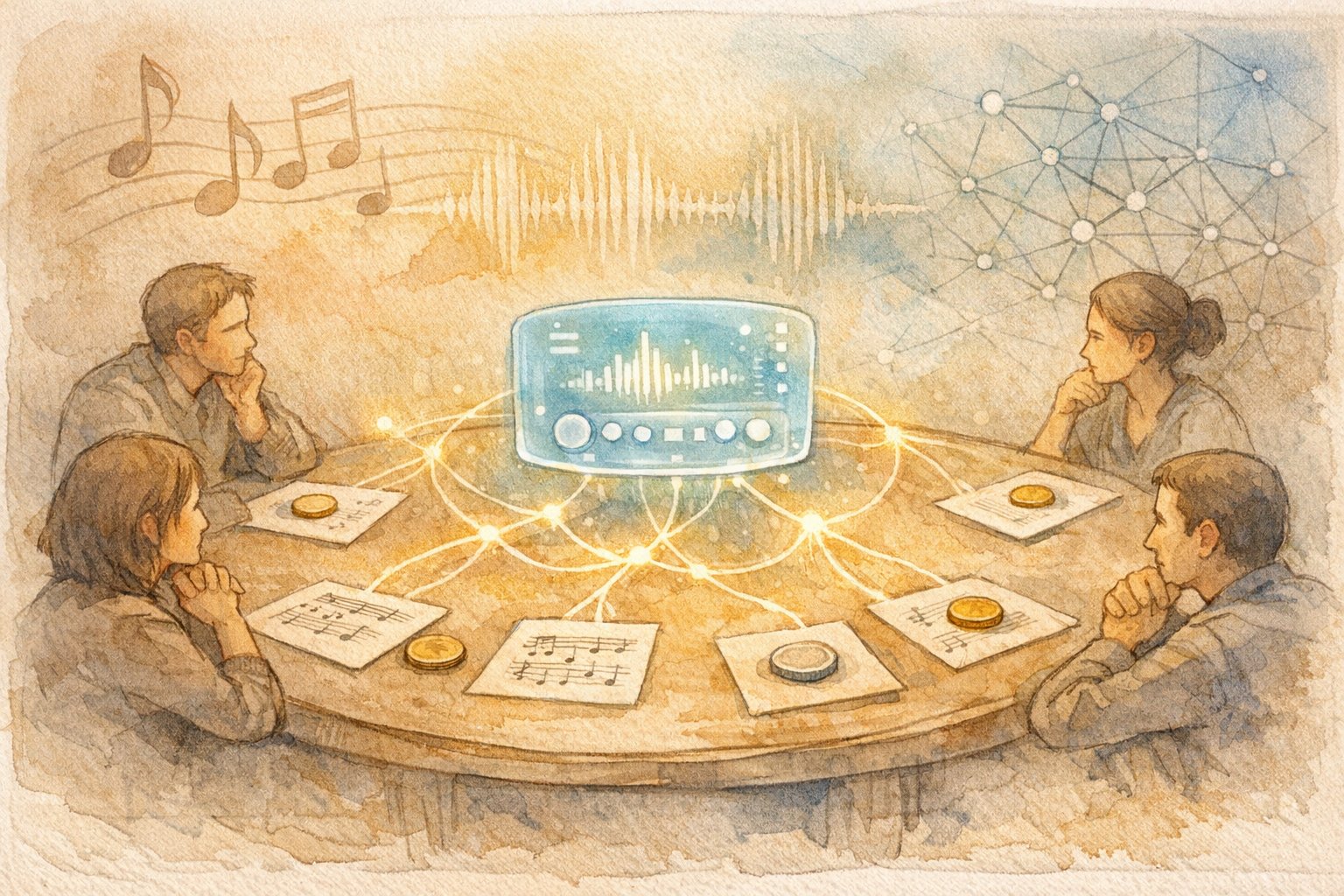 Suno AI 音楽生成 著作権を巡る価値配分と報酬設計を話し合う人々のイラスト