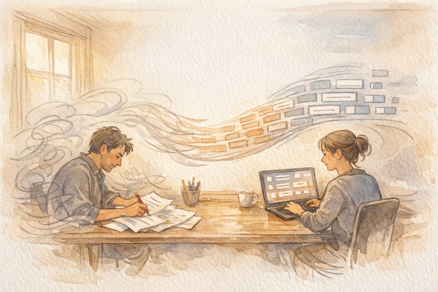 AI時代の校正 指示 出し方を象徴する、人とAIが文章を共同で整えるイメージ