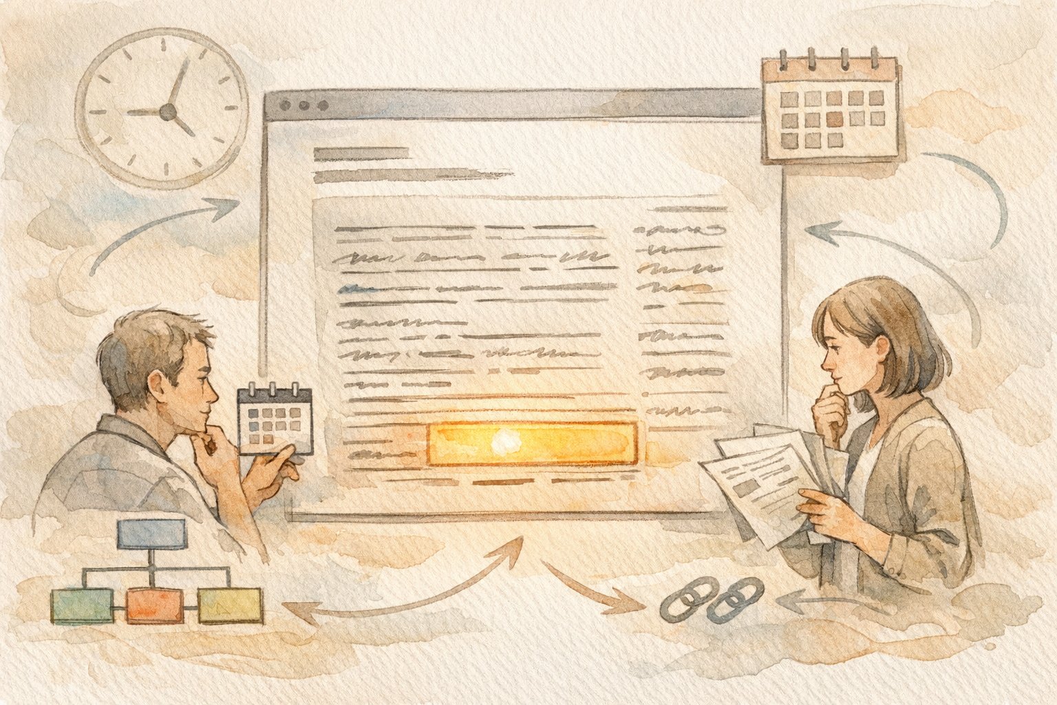WP 記事の「最終更新日」だけ表示を比較検討する温かな手描きイラスト