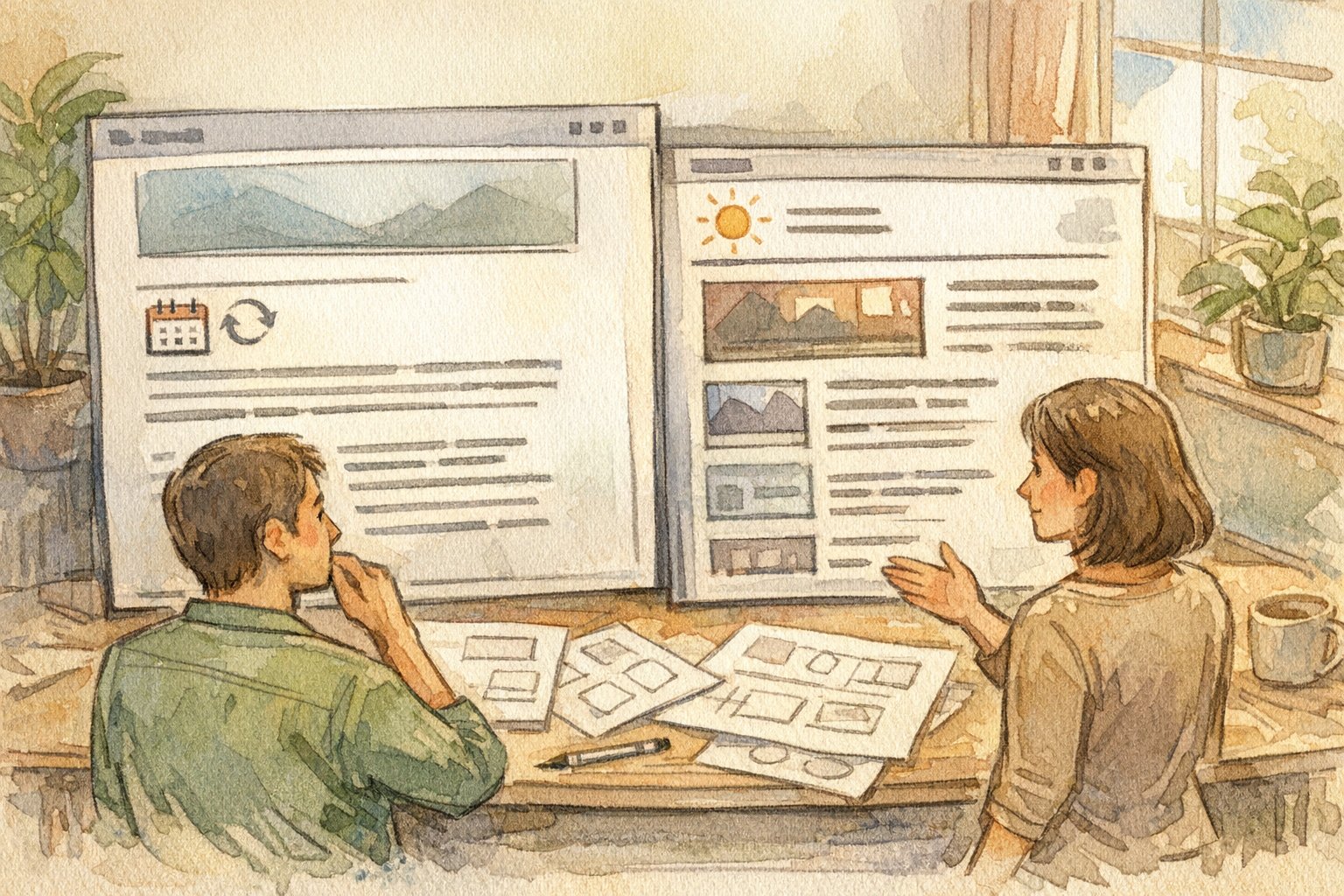 WP 記事の「最終更新日」だけ表示と公開日の違いを比較検討するコンテンツ設計イメージ
