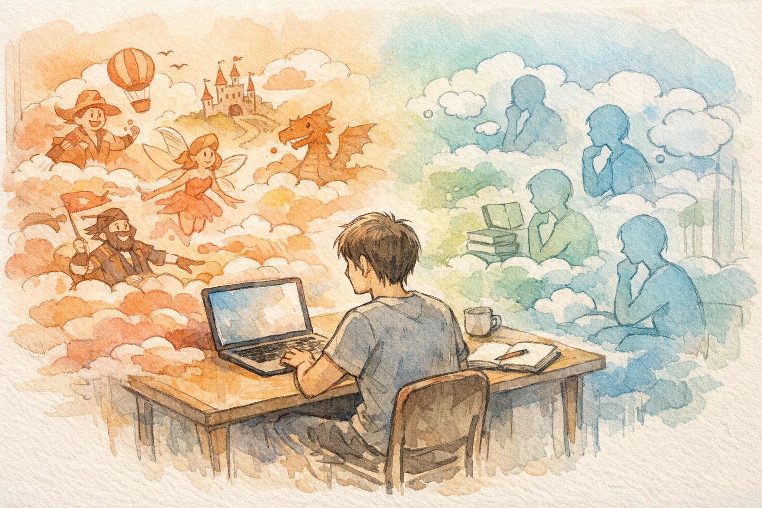 Character.ai 楽しみ方として会話と内省を両立する人の机上シーン