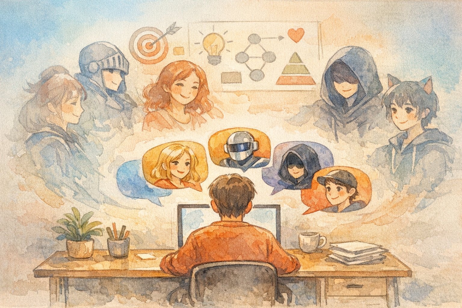 Character.ai 楽しみ方を通じて、多様なキャラクターと共感的につながる様子を描いたイラスト