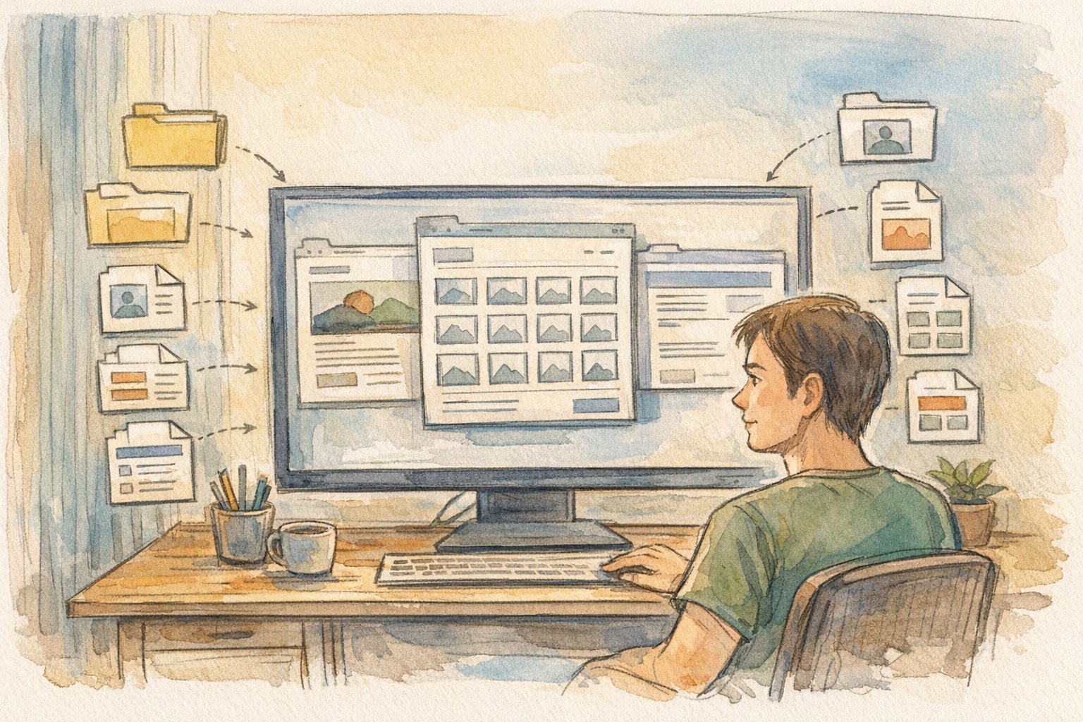 WordPress 投稿タイプごとにテンプレート変更する作業机と画面上のテンプレート階層イラスト