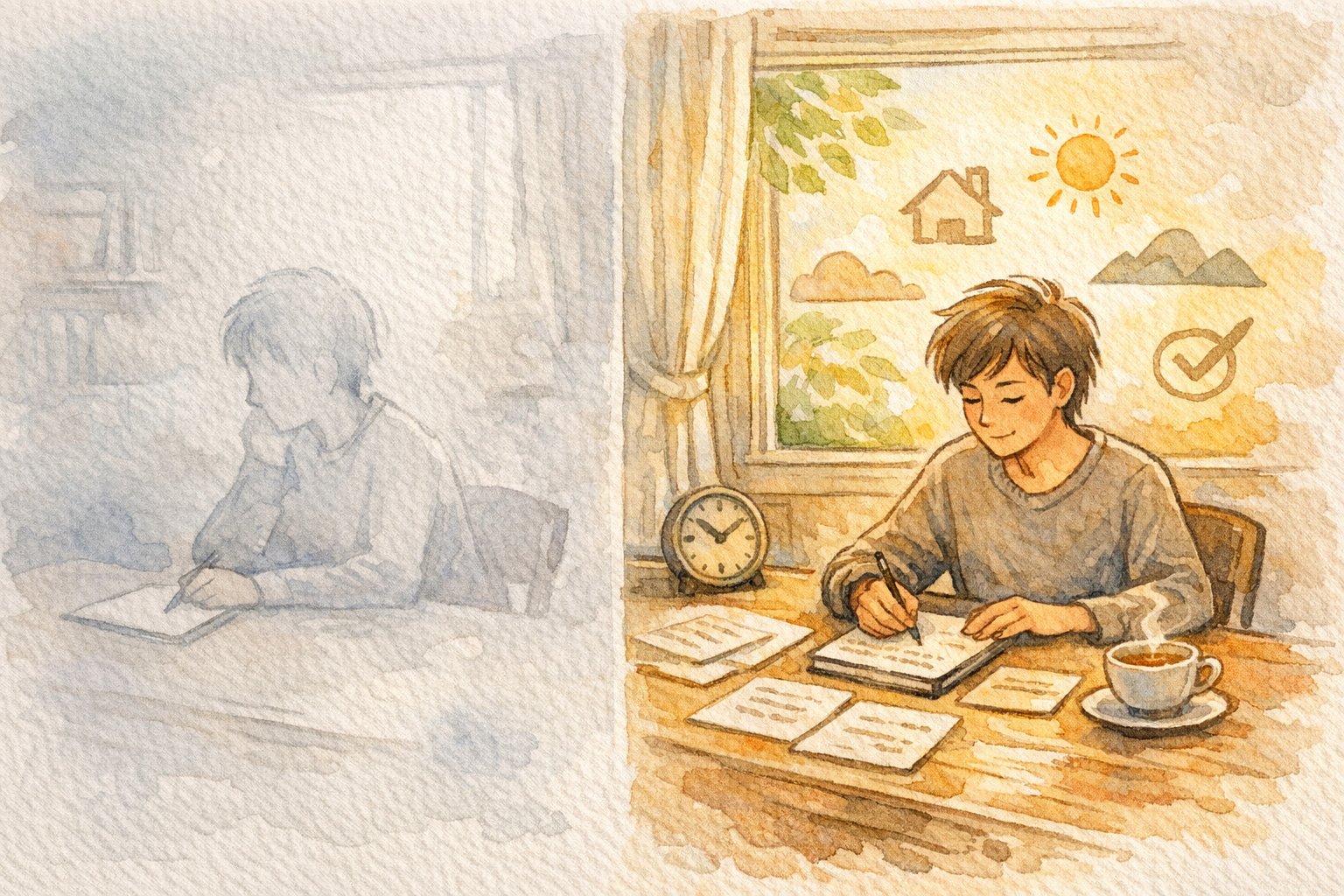 ライティング モチベーションを待つ姿勢から静かな準備へ移行する様子を描いたイラスト