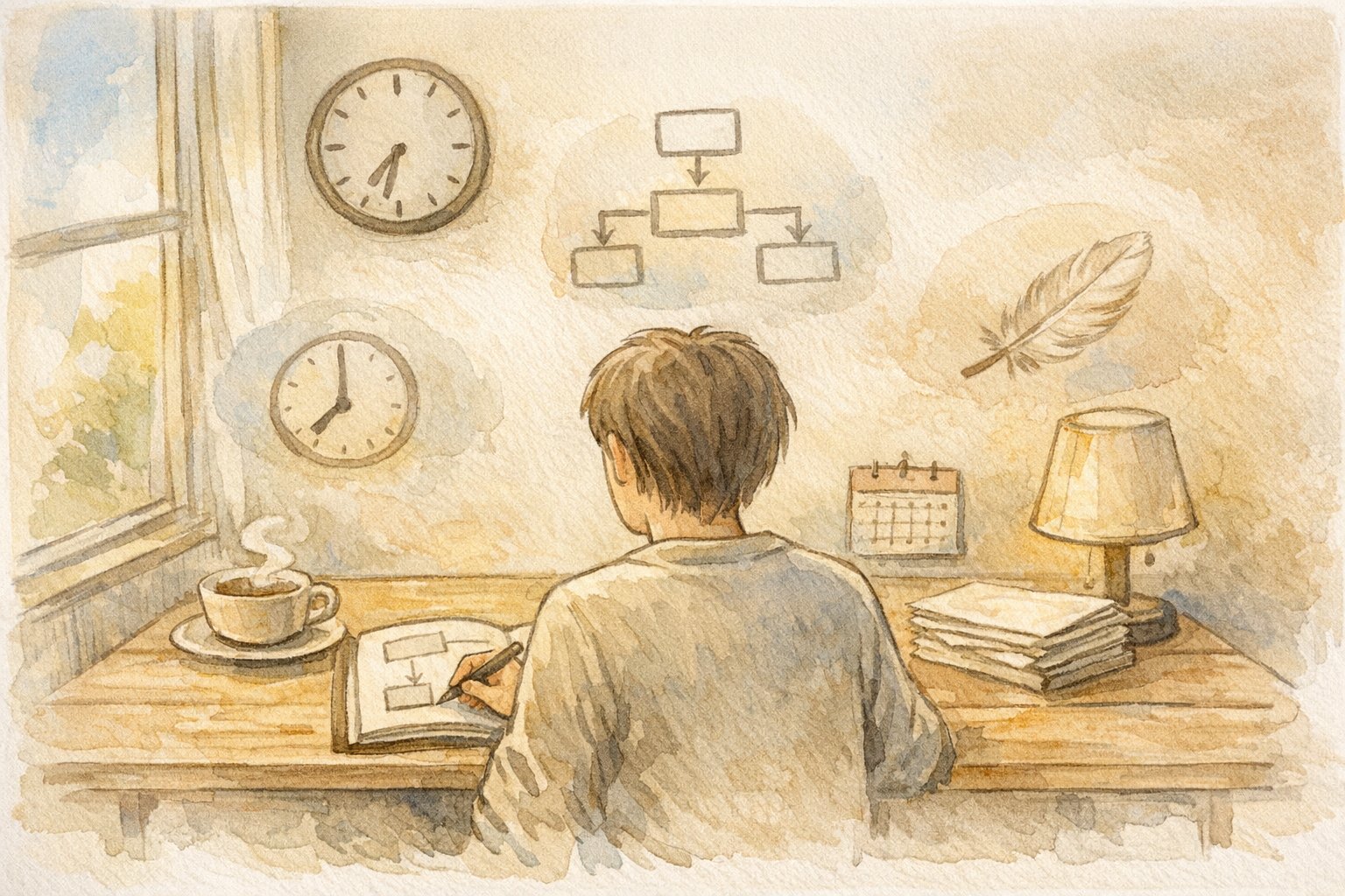 朝の執筆ルーティンの手描きイラスト、ライティング モチベーションを習慣で支える描写