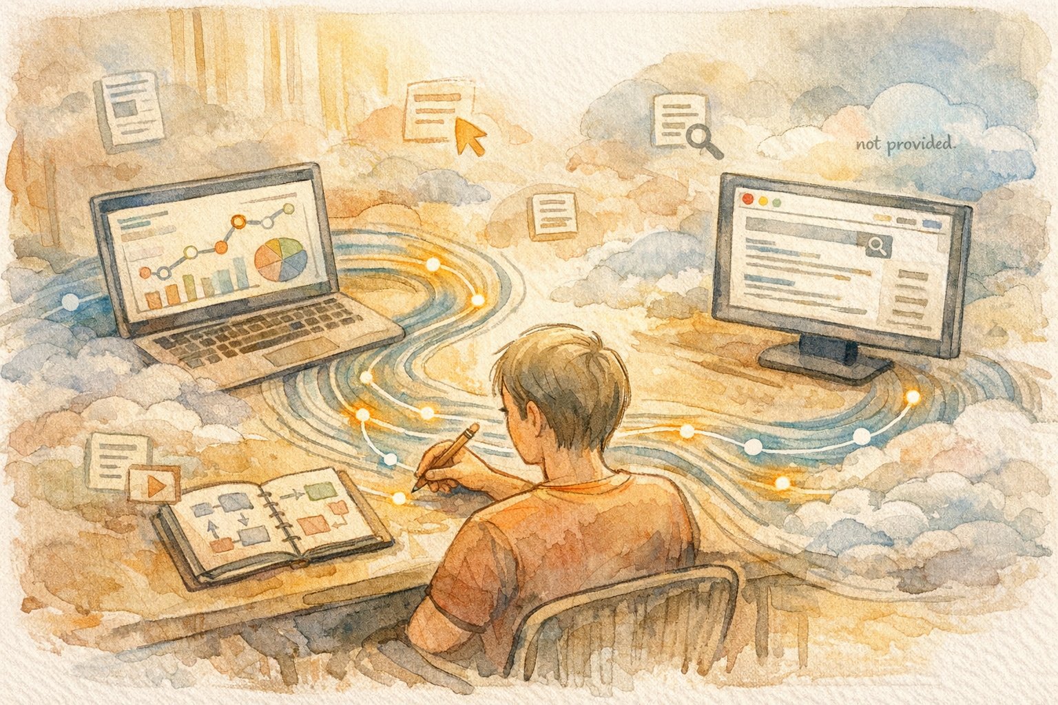 WP 検索クエリを計測する方法を俯瞰し整理する、分析画面とメモを結ぶ手描きイラスト