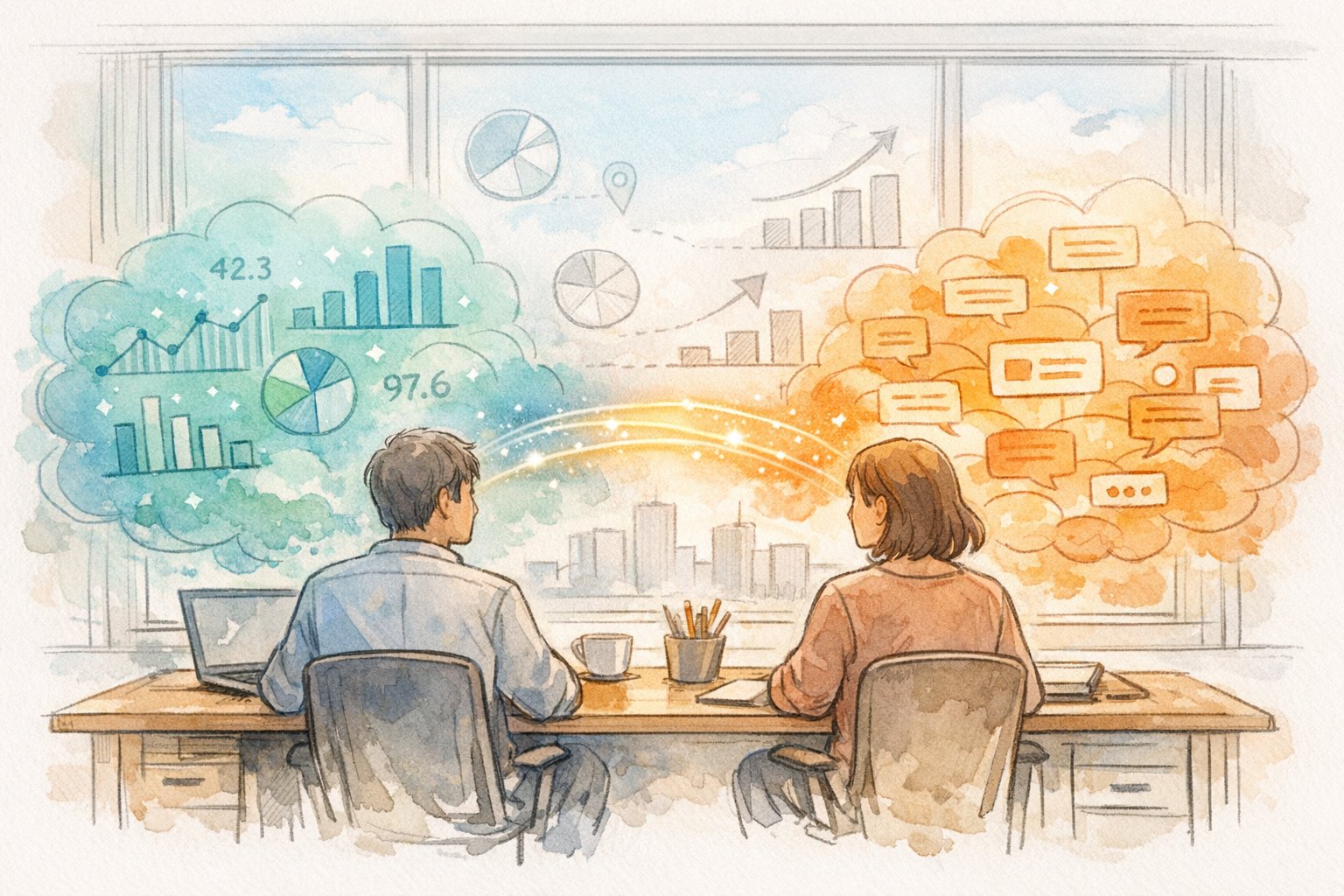 Wolfram Alpha ChatGPT 連携で数値データを戦略アイデアに翻訳する様子を描いたイラスト