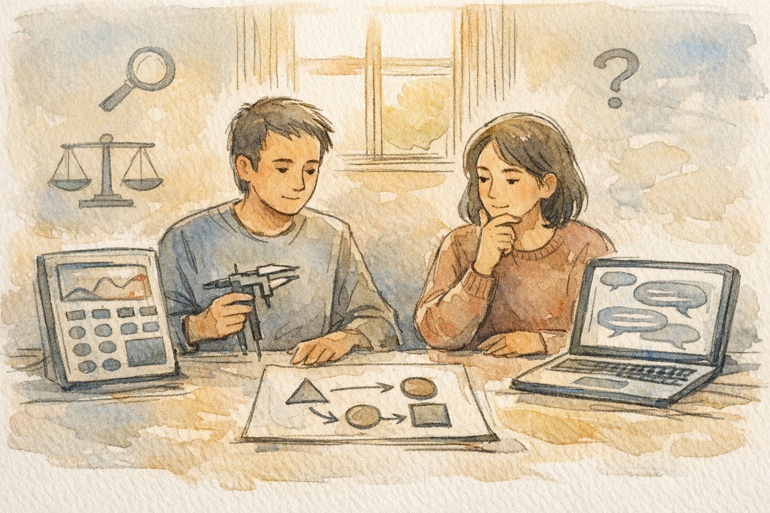 Wolfram Alpha ChatGPT 連携で前提条件と限界を考える大人二人の協働作業イラスト