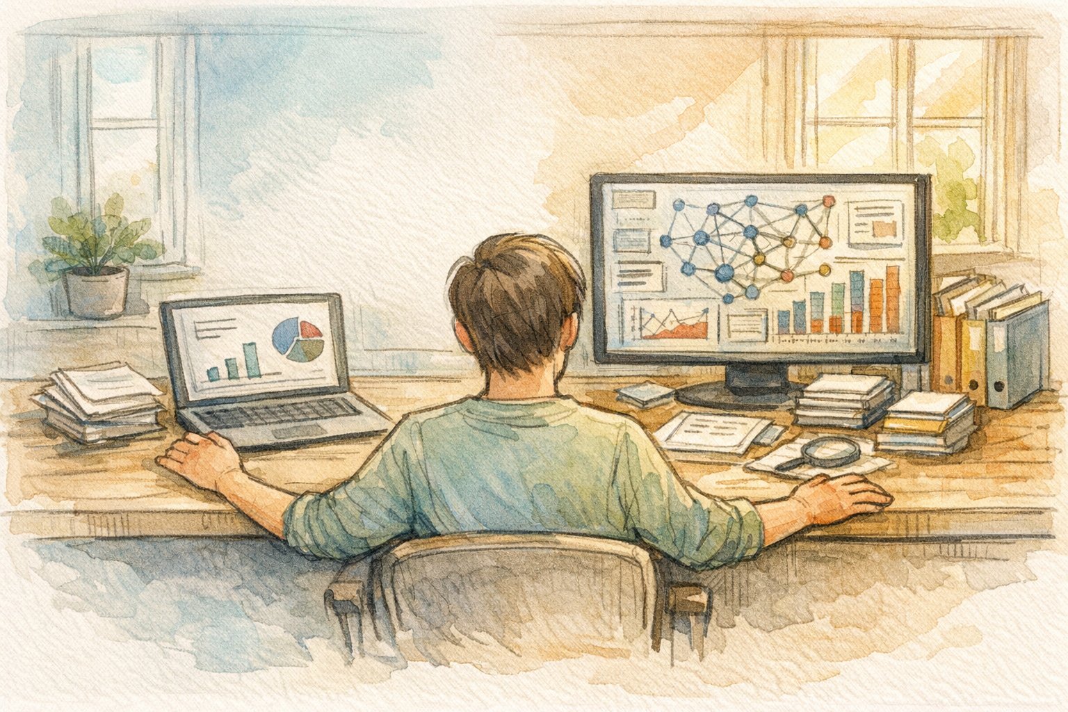 SEO ツール 無料 vs 有料を比較するデスクと人物、データ量と価値を吟味する場面