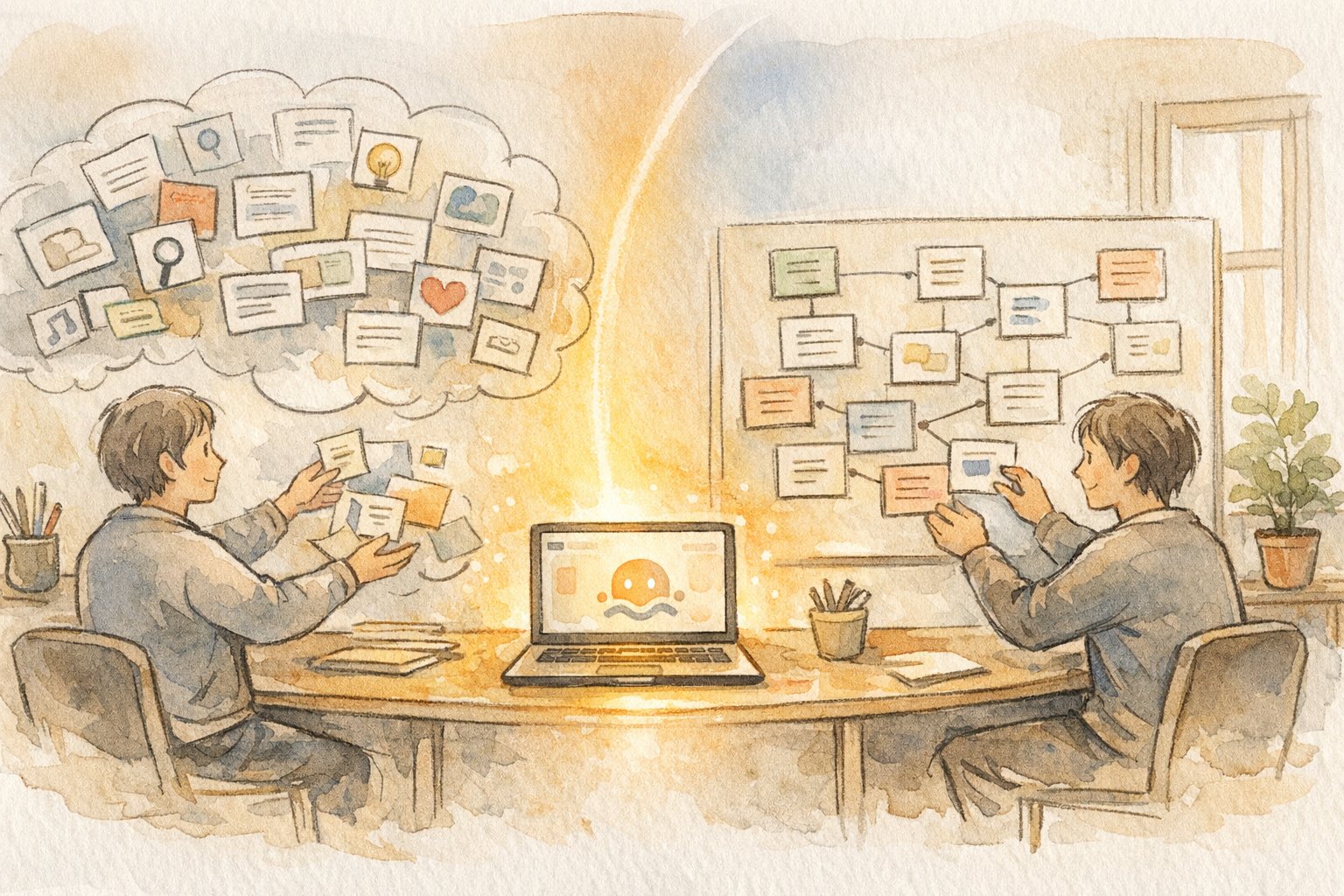 Monica AI 拡張機能 使い方のイメージ、情報収集と整理の2段階を机上で描いたイラスト
