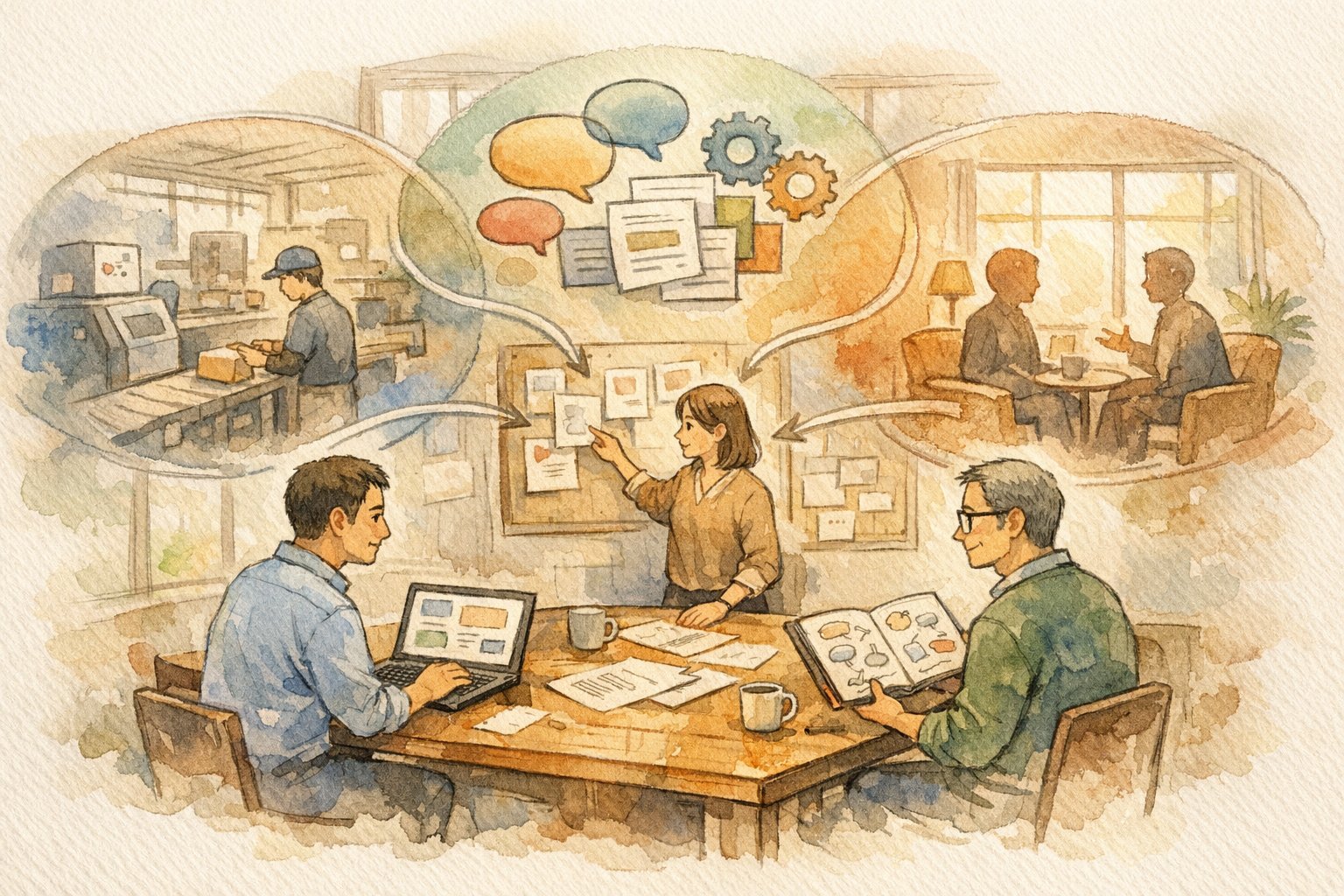 落ち着いたオフィスで社員が対話しながら企業ブログ 差別化のアイデアを掘り下げる様子