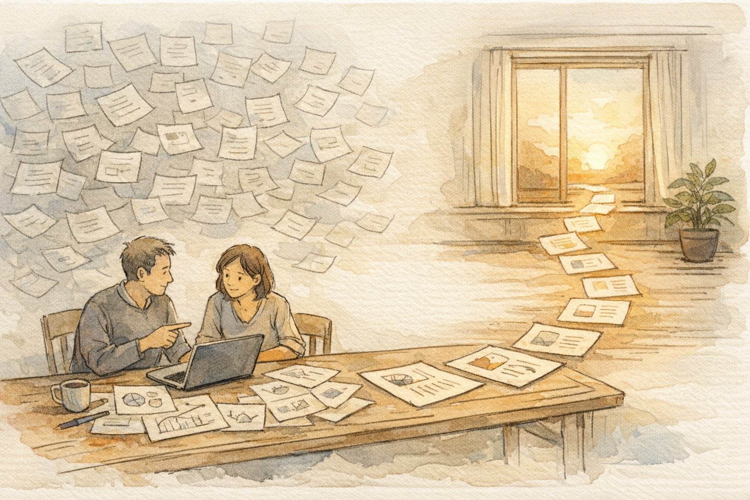 情報の洪水から独自視点へ導く様子を描いた、企業ブログ 差別化のイメージイラスト