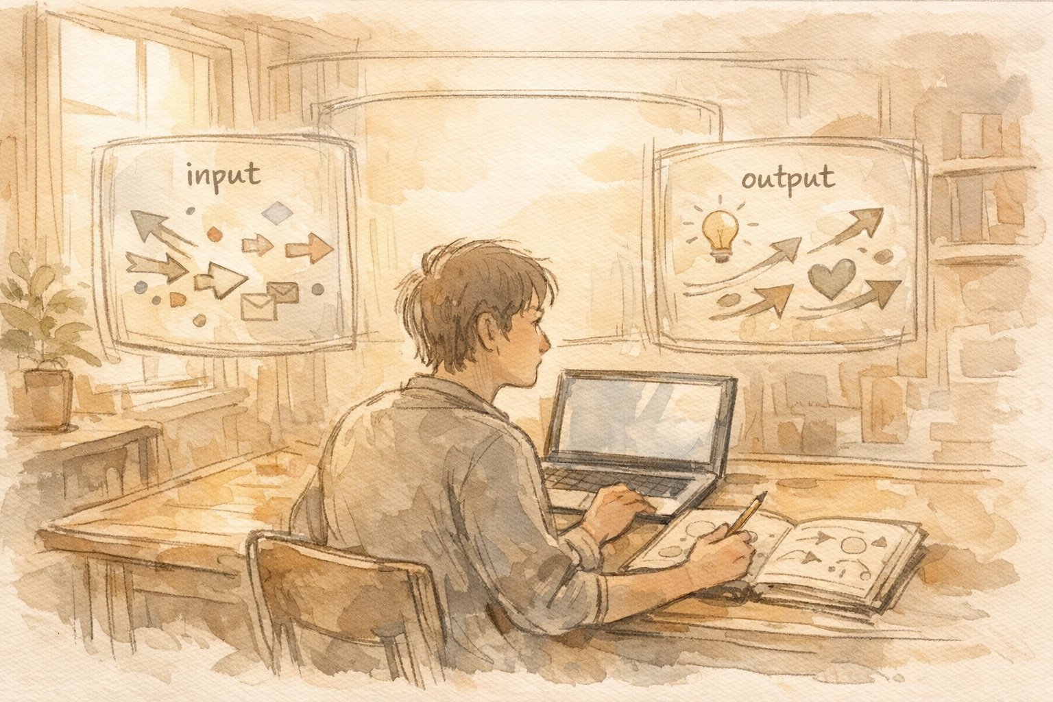 AIリテラシー の 鍛え方を学ぶ人が入力と出力、条件を整理しながらAIとの距離感を観察