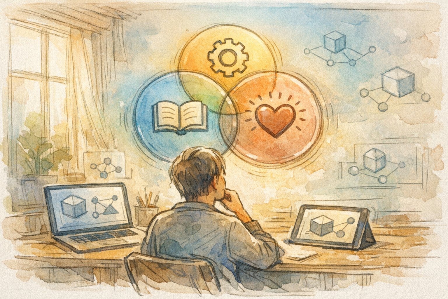 AIリテラシーの鍛え方を知識・スキル・姿勢に分解して考える人のイラスト