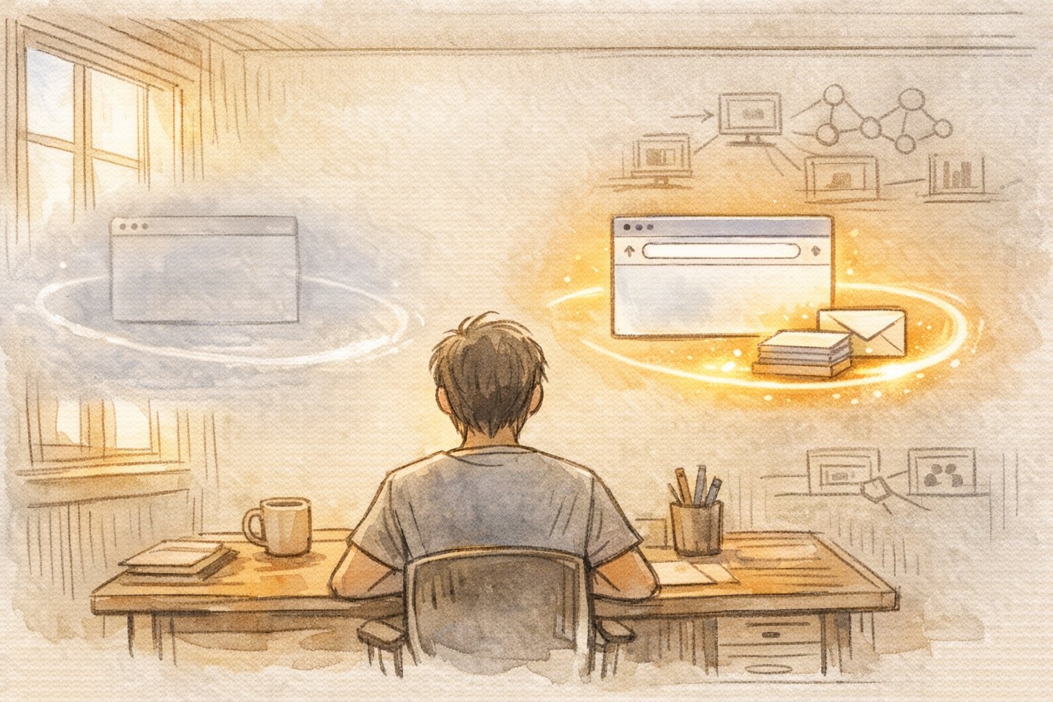 独自ドメイン 取得で将来の信頼とブランド基盤が分かれる様子を象徴的に描いたイラスト