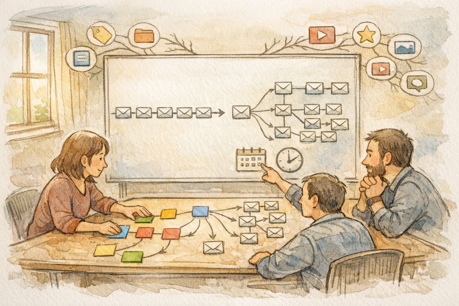 WP 投稿完了メール 配信の分岐設定を話し合うビジネスチームのイラスト
