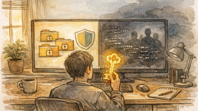 API キー 使い方 安全な管理を象徴する鍵と画面上の安全領域とリスク領域の対比