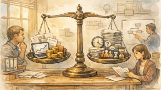 オフィスで人々が天秤と書類を見つめる様子を通じてSEO 費用対効果と見えないコストを表現