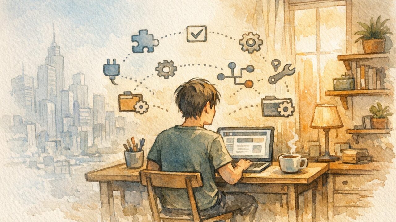 WordPress 個人開発 限界を象徴する、自宅デスクで冷静に作業する大人と遠景の大企業ビル対比