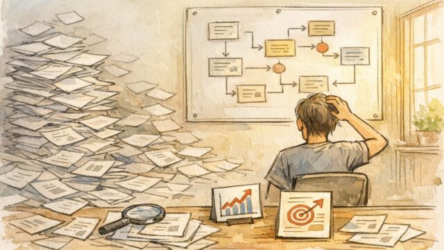 100記事 書いても稼げない状態を見直し、量より戦略的な記事設計を示すワークスペースイラスト