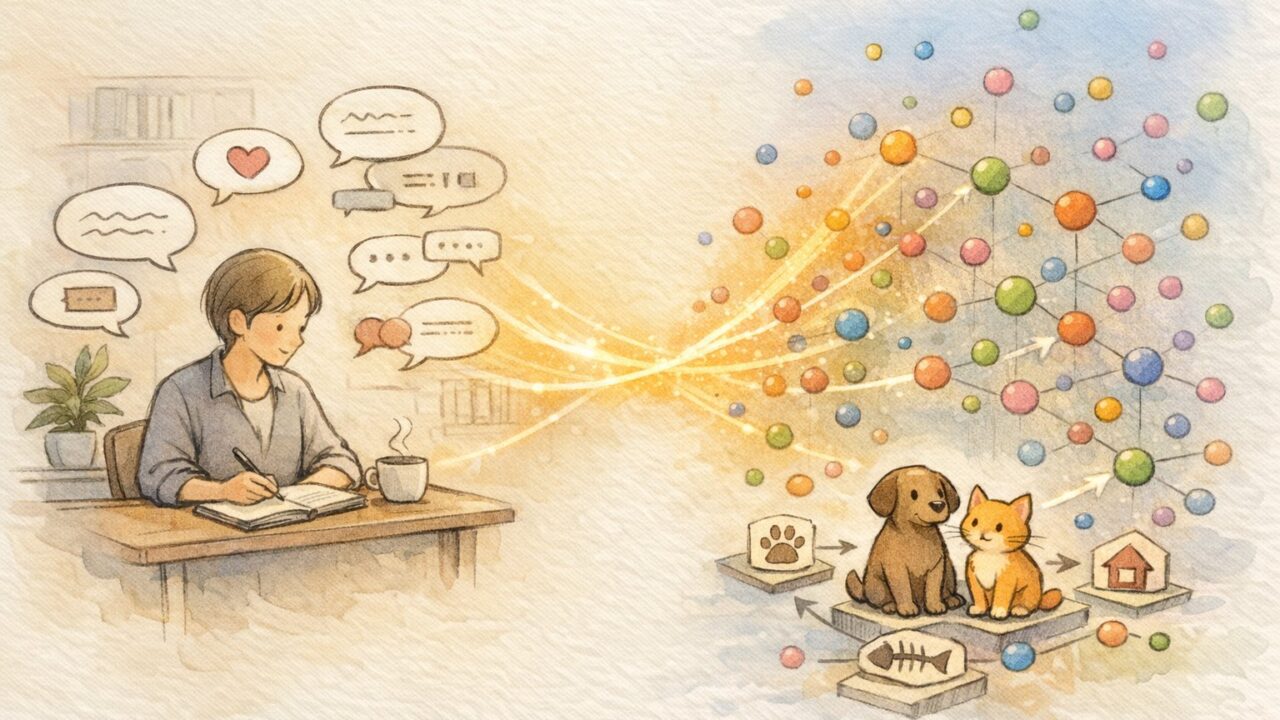 人の言葉が数値ベクトルに変換される様子を描いた図解、ベクトルデータベース とはの概念を直感的に説明