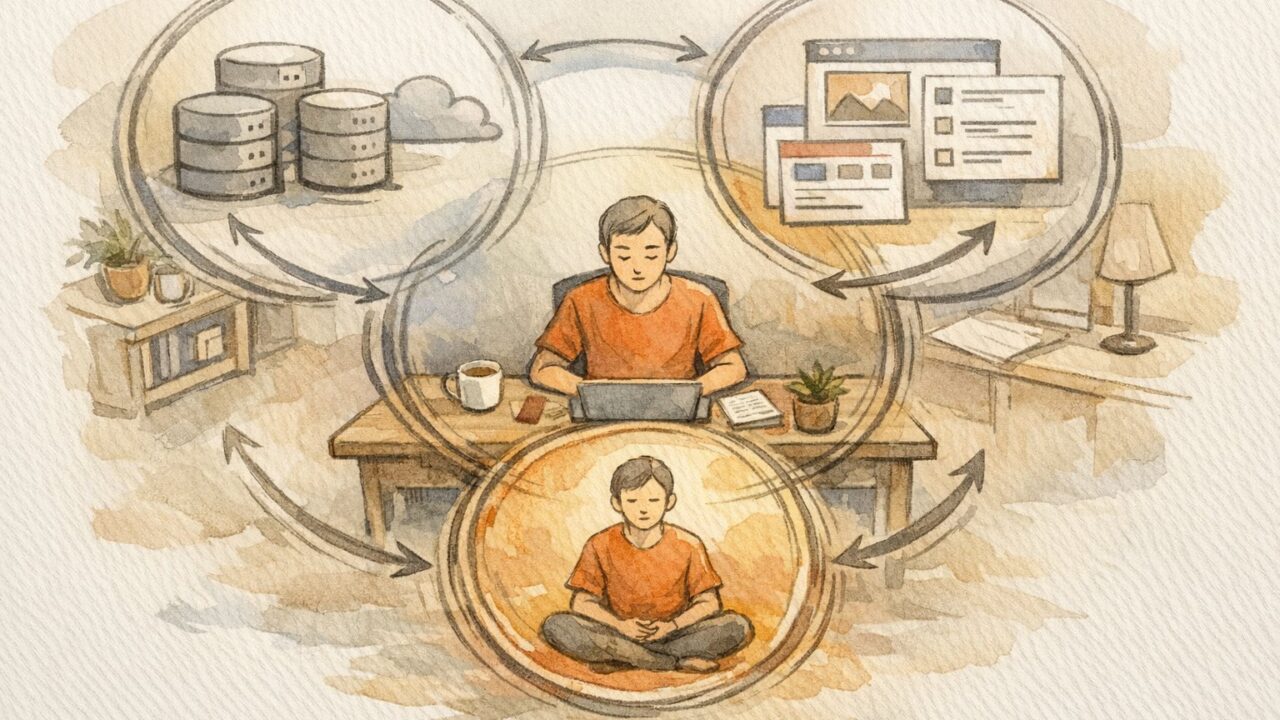 WP セルフバック やり方の基本構造、デスクの人物と三つの関係者サークル