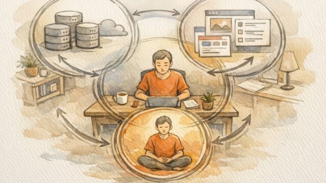WP セルフバック やり方の基本構造、デスクの人物と三つの関係者サークル