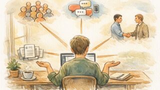 WordPress ライター 募集方法を比較検討する人が静かなデスクで選択肢を俯瞰するイラスト