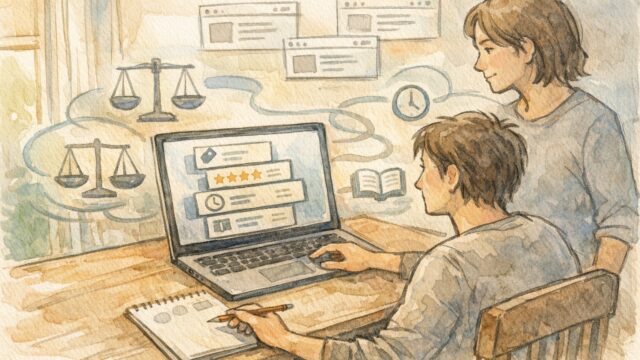 WordPress 記事作成代行 おすすめを冷静に比較検討する様子、基準を整理する静かな作業風景