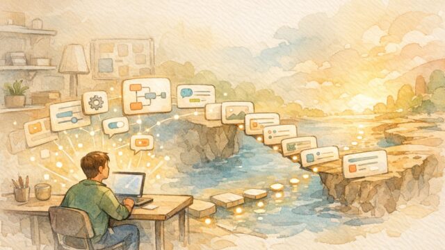 Dify 使い方 初心者がAI利用からAI構築へ橋渡しする様子を示すやさしいイラスト