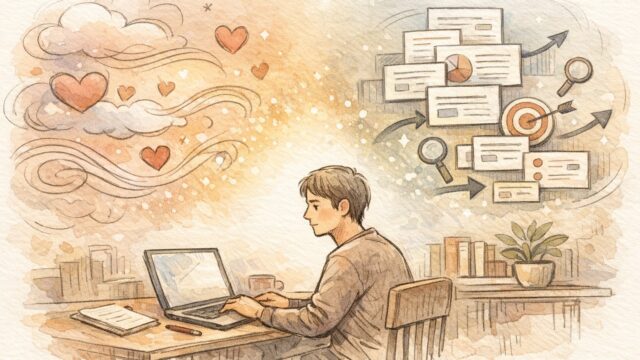 エモい文章 SEOのバランスを考える執筆者の葛藤と調和を描いたワークスペースイラスト